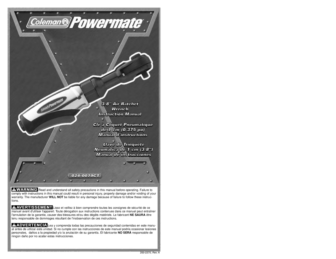 Coleman 024-0075CT warranty 200-2370, Rev. a 