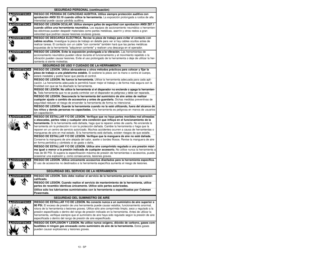Coleman 024-0075CT warranty Seguridad DE USO Y Cuidado DE LA Herramienta 