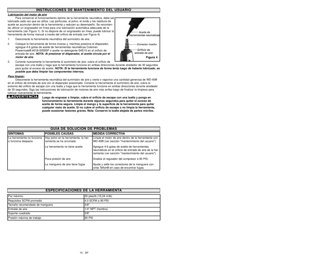 Coleman 024-0075CT warranty Especificaciones DE LA Herramientherramientaa, Motor de aire 