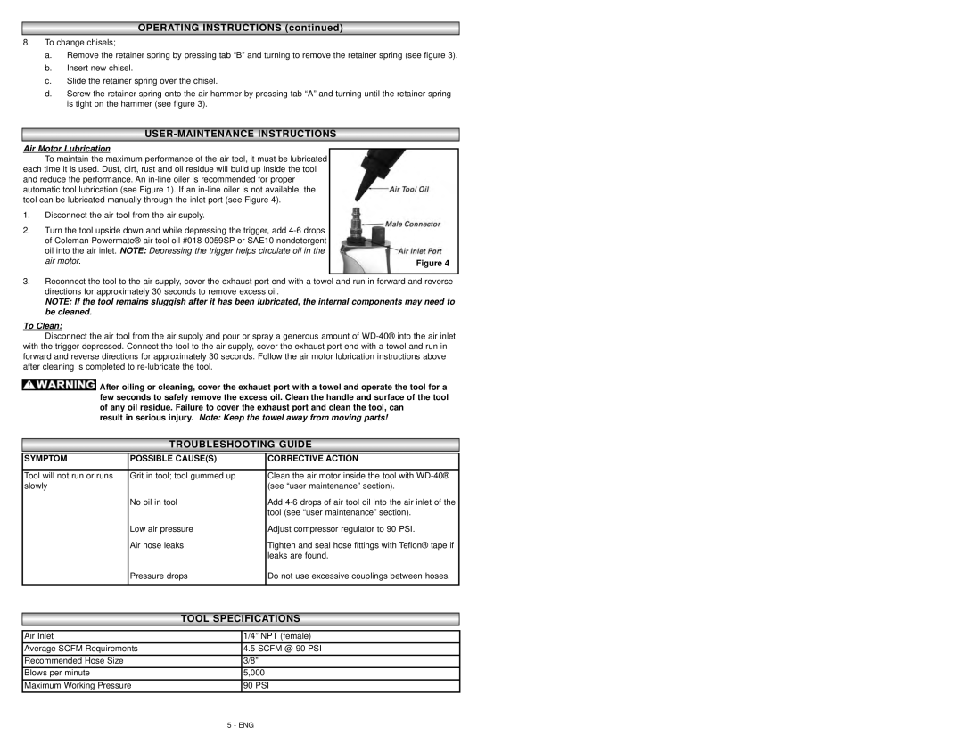 Coleman 024-0075CT warranty Troubleshootingg Guideguide, Tool Specifications Tions, Air Motor Lubrication, To Clean 