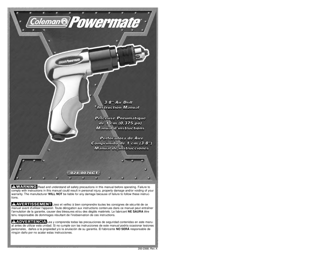 Coleman 024-0076CT warranty 200-2368, Rev. a 