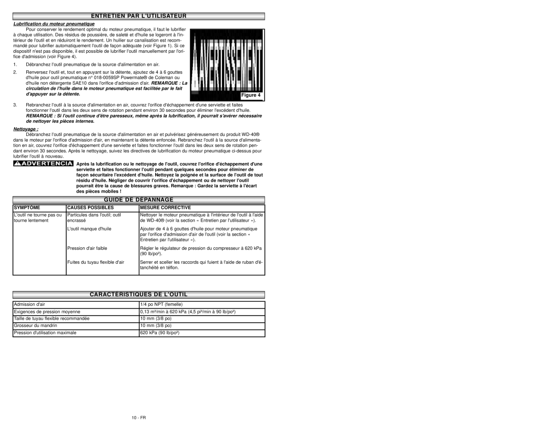 Coleman 024-0076CT warranty Entretienentretien Pparar Lutilisalutilisateurteur, Lubrification du moteur pneumatique 