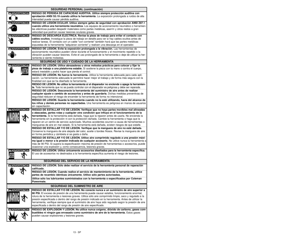 Coleman 024-0076CT warranty Seguridad DE USO Y Cuidado DE LA Herramienta, Seguridad DEL Servicio DE LA Herramienta 