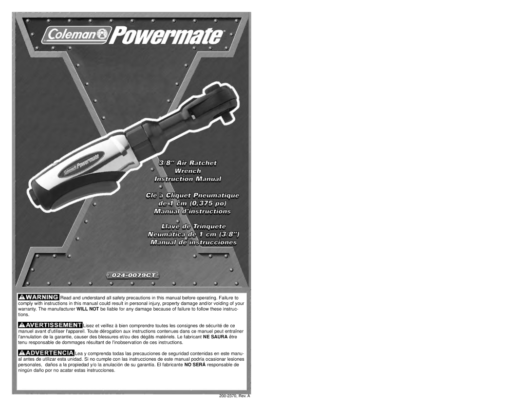 Coleman 024-0076CT warranty 200-2370, Rev. a 