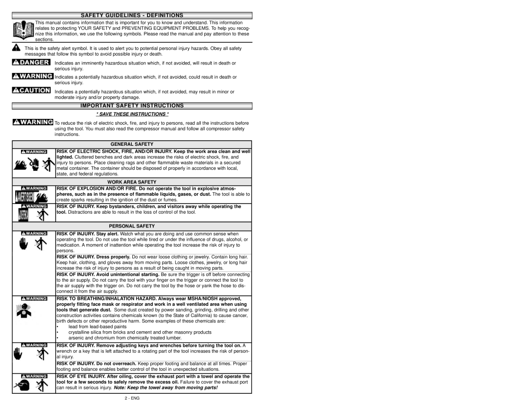 Coleman 024-0076CT warranty Safetysafety Guidelinesguidelines -- Definitionsdefinitions, General Safety, Work Area Safety 