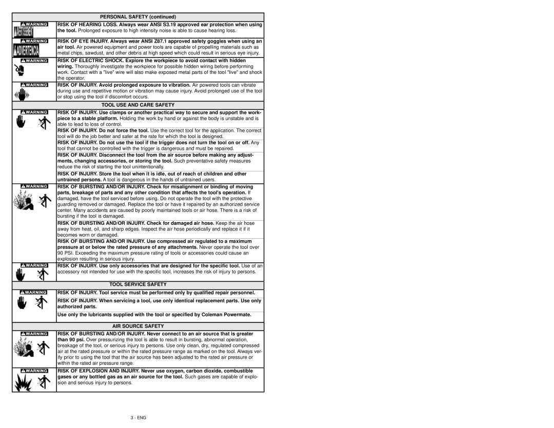 Coleman 024-0076CT warranty Tool USE and Care Safety, Tool Service Safety, AIR Source Safety 