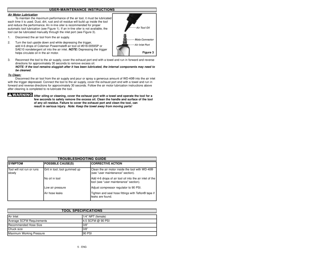 Coleman 024-0076CT warranty Air Motor Lubrication, To Clean, Symptom Possible Causes Corrective Action 