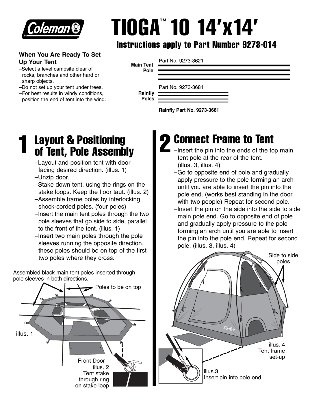 Coleman 10 14'x14 manual Tioga 10 14’x14’, Connect Frame to Tent, Layout & Positioning of Tent, Pole Assembly 