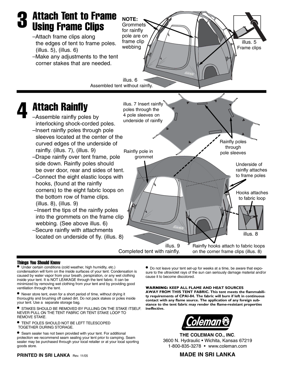 Coleman 10 14'x14 manual Attach Rainfly, Attach Tent to Frame Using Frame Clips, Illus Completed tent with rainfly 