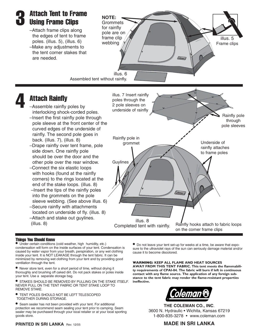 Coleman 10 18'x10 manual Attach Rainfly, Attach Tent to Frame Using Frame Clips, Illus Completed tent with rainfly 