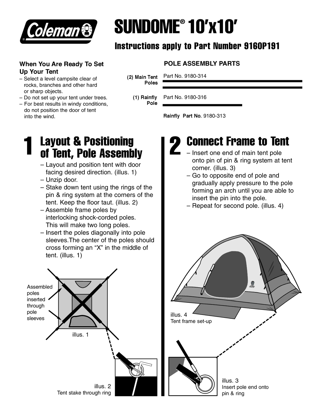 Coleman 10'x10 manual Sundome 10’x10’, Connect Frame to Tent, Layout & Positioning of Tent, Pole Assembly, Illus 