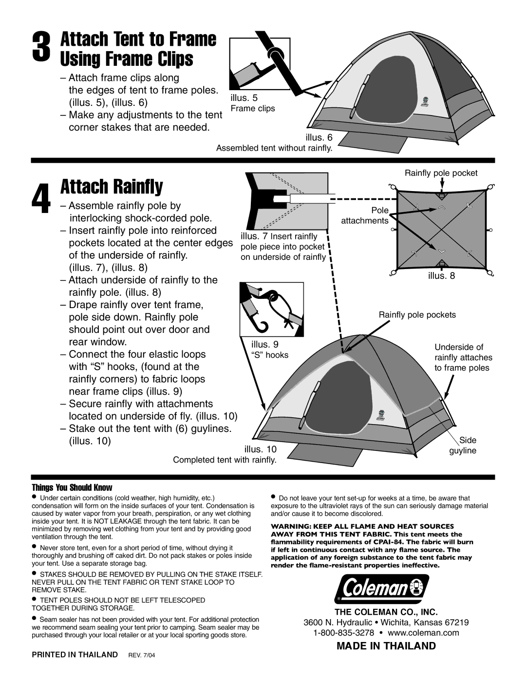 Coleman 10'x10 manual Attach Rainfly, Attach Tent to Frame Using Frame Clips, Things You Should Know 