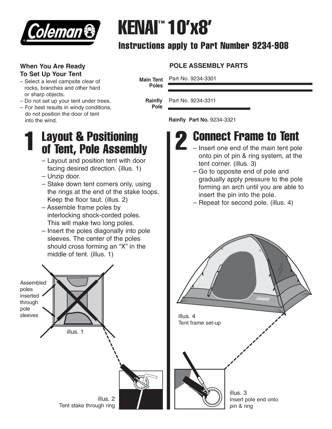 Coleman 10'x8 manual Kenai 10’x8’, Connect Frame to Tent, Layout & Positioning of Tent, Pole Assembly 