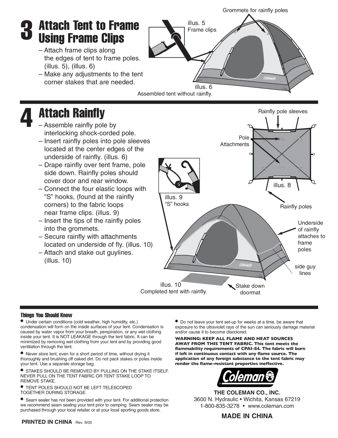 Coleman 10'x8 manual Attach Rainfly, Attach Tent to Frame Using Frame Clips, Things You Should Know 