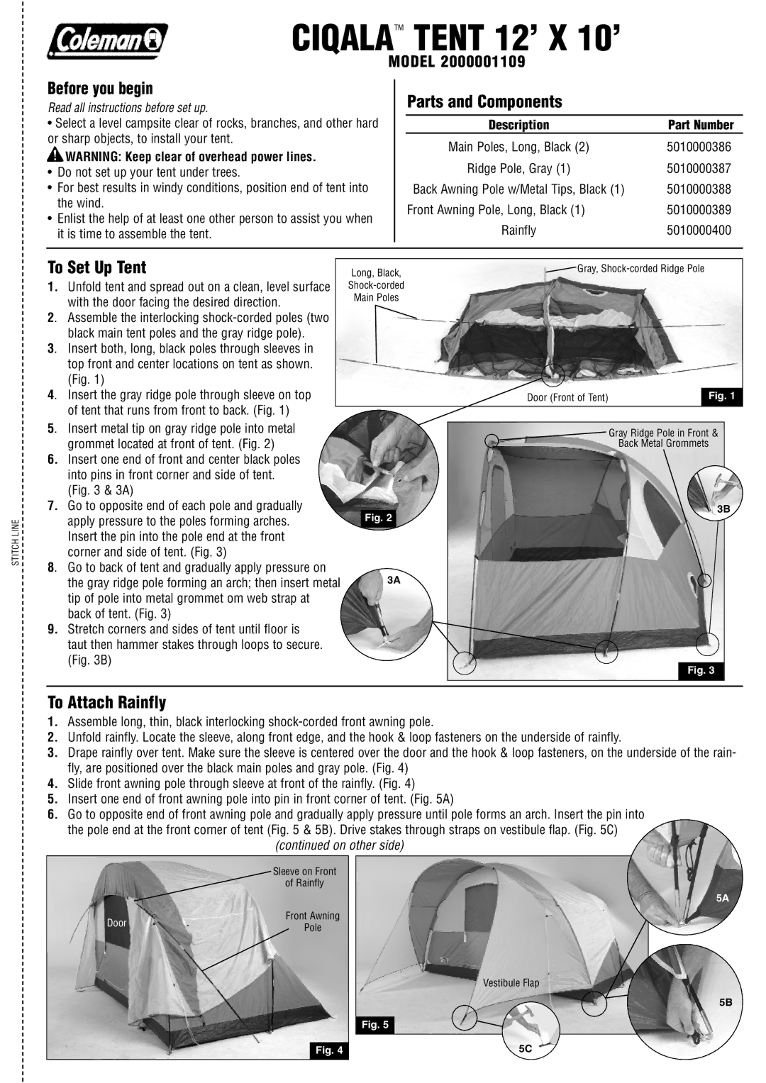 Coleman 12' x 10 manual Before you begin, Parts and Components, To Set Up Tent, To Attach Rainfly 