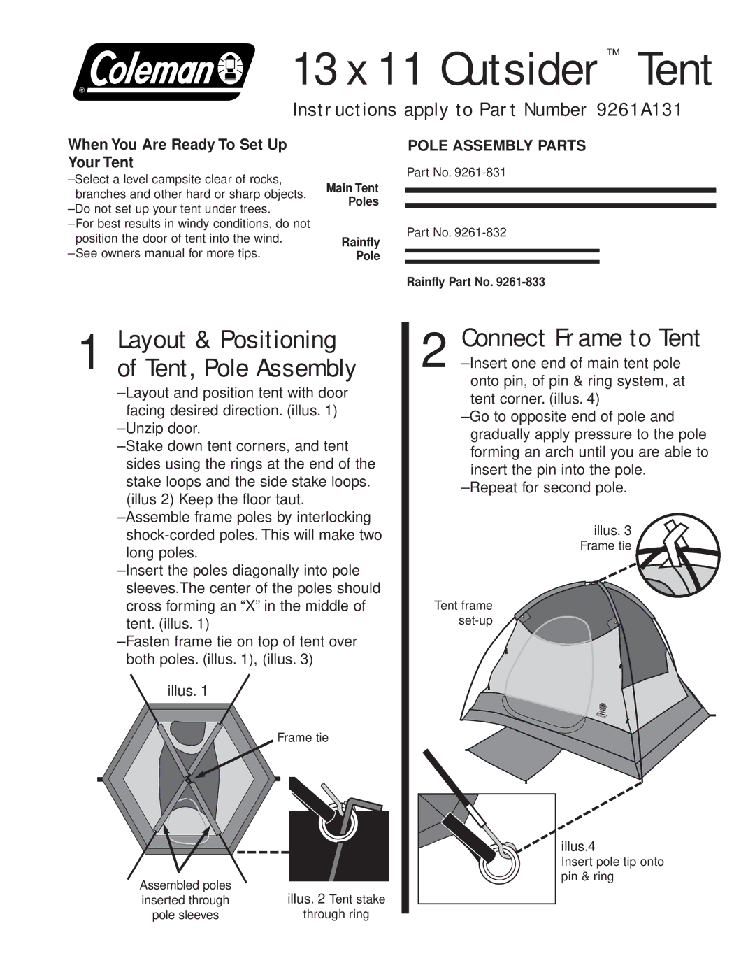 Coleman owner manual 13 x 11 Outsider Tent, Connect Frame to Tent, Layout & Positioning of Tent, Pole Assembly 