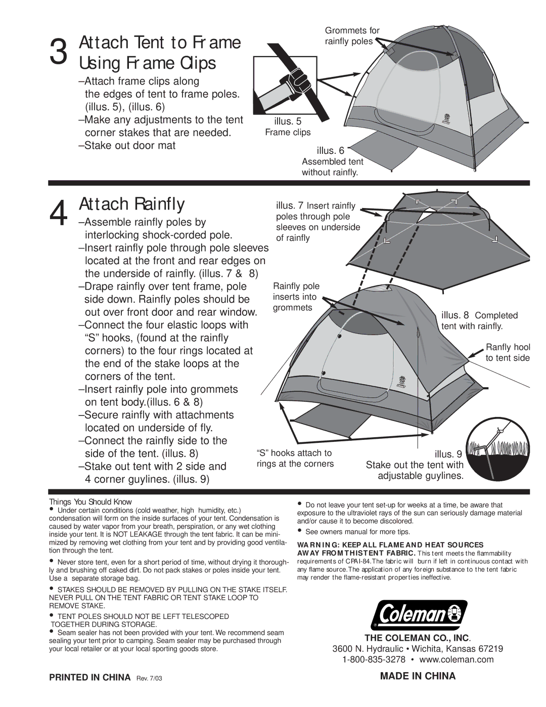 Coleman 13 x 11 owner manual Attach Rainfly, Attach Tent to Frame Using Frame Clips 