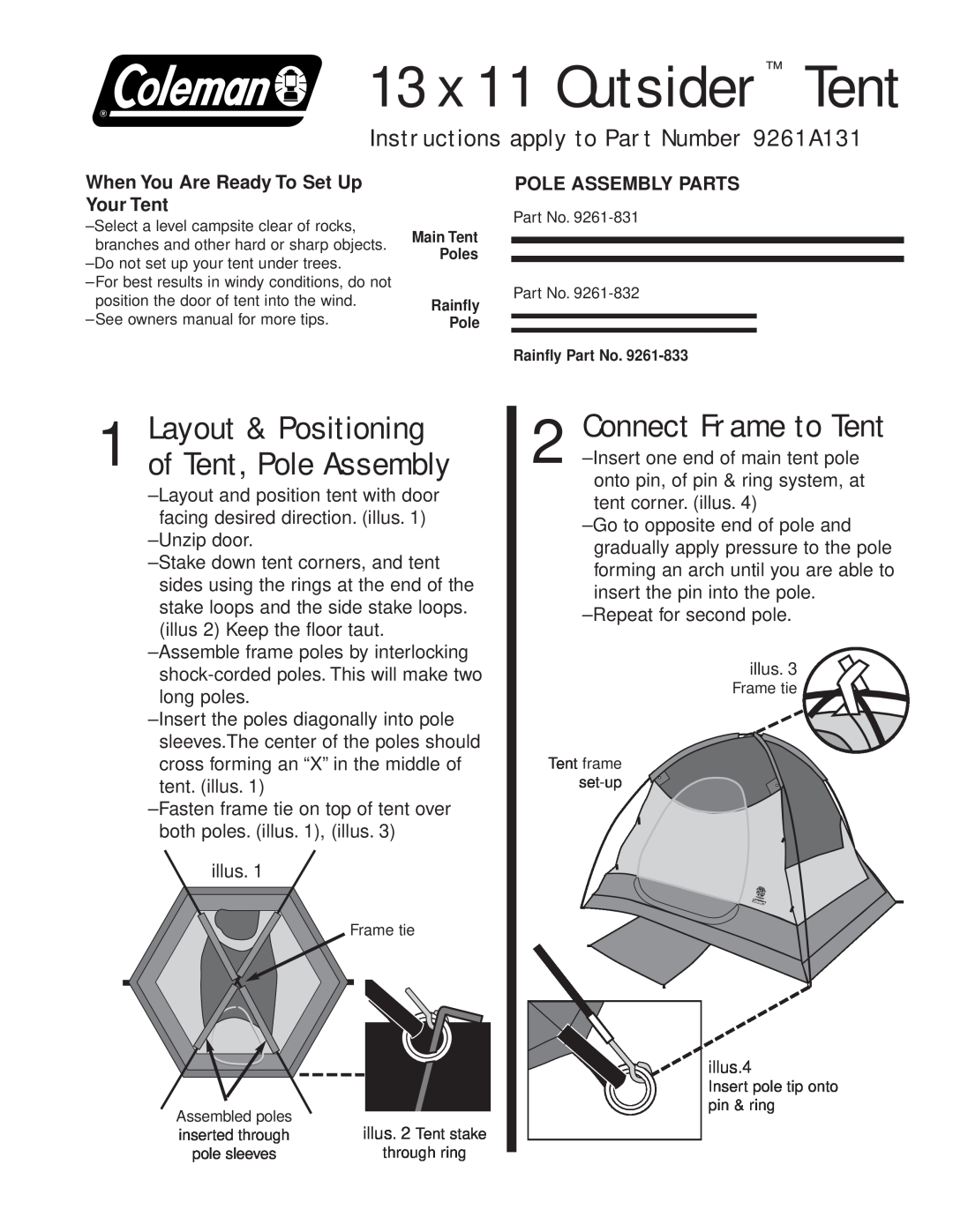 Coleman owner manual Layout & Positioning of Tent, Pole Assembly, 13 x 11 Outsider Tent, Connect Frame to Tent 