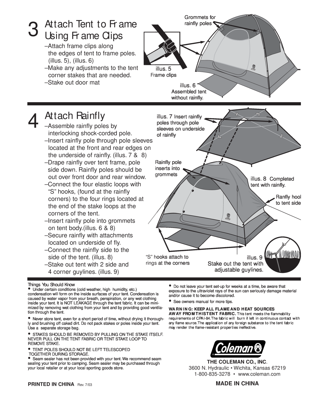 Coleman 13 x 11 owner manual Attach Tent to Frame Using Frame Clips, Attach Rainfly 
