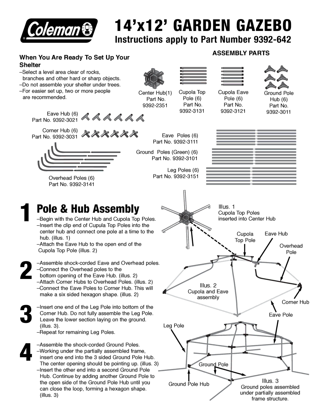 Coleman 14'x12 manual 14’x12’ Garden Gazebo, Pole & Hub Assembly, Instructions apply to Part Number, Assembly Parts 