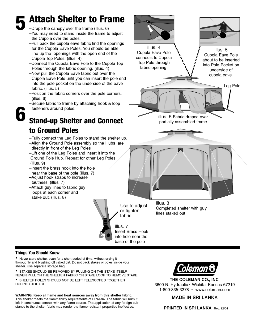 Coleman 14'x12 manual Use to adjust or tighten fabric illus, Attach Shelter to Frame, Things You Should Know 