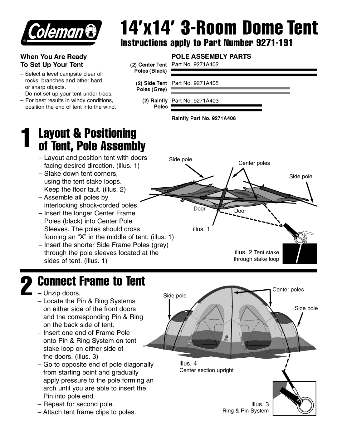 Coleman 14'x14 manual 14’x14’ 3-Room Dome Tent, Connect Frame to Tent, Layout & Positioning of Tent, Pole Assembly 