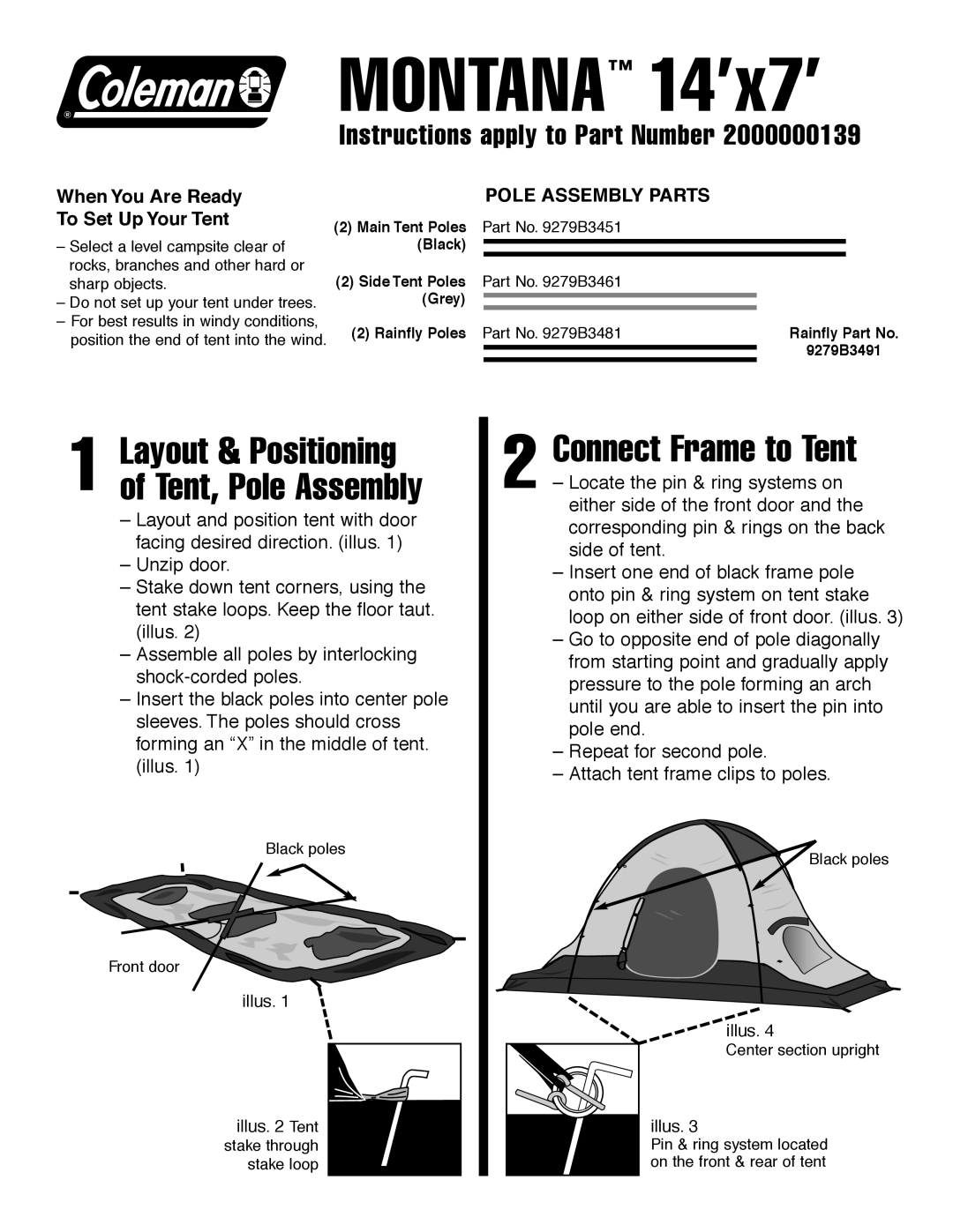 Coleman 14'x7 manual Montana 14’x7’, Connect Frame to Tent, Layout & Positioning of Tent, Pole Assembly 