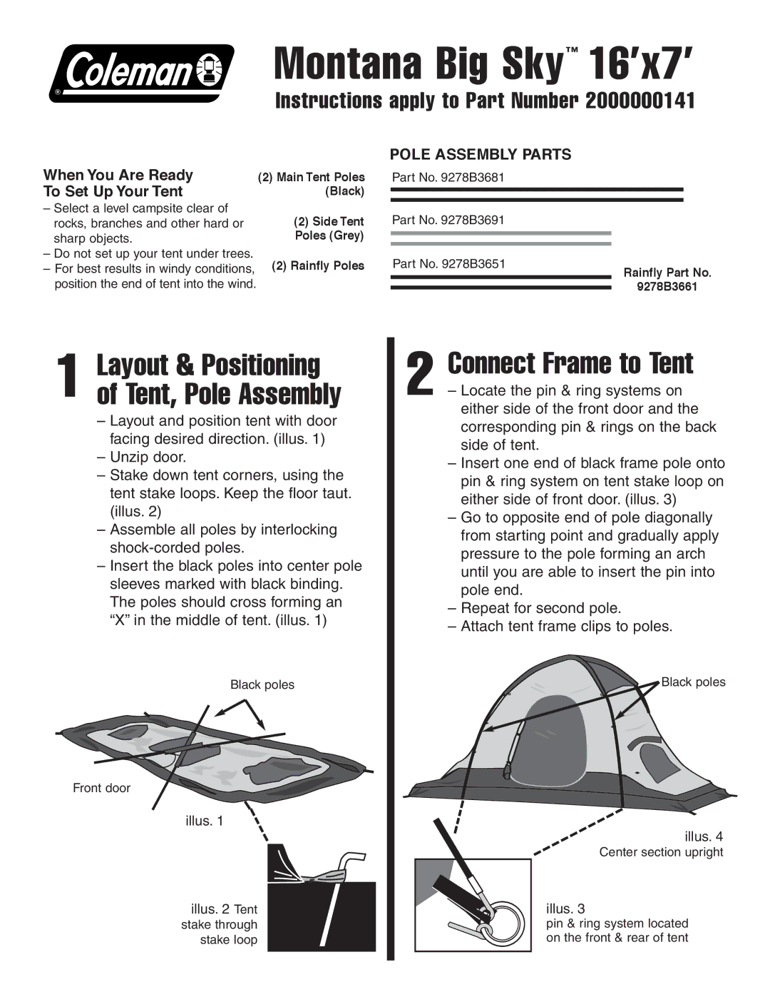 Coleman 16'x7 manual Montana Big Sky 16’x7’, Connect Frame to Tent, Layout & Positioning of Tent, Pole Assembly 