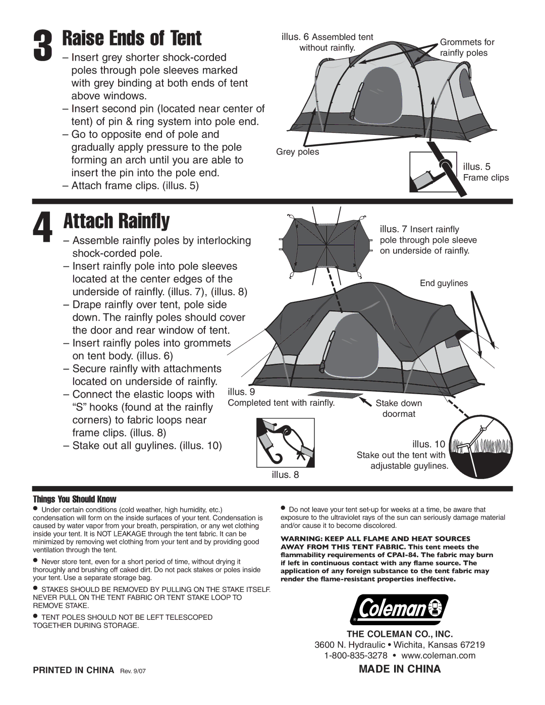 Coleman 16'x7 manual Raise Ends of Tent, Attach Rainfly, Things You Should Know 