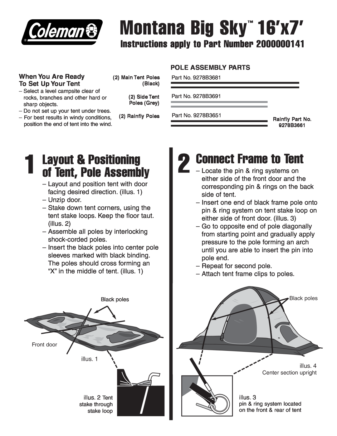 Coleman 16'x7 manual Connect Frame to Tent, When You Are Ready To Set Up Your Tent, Pole Assembly Parts 