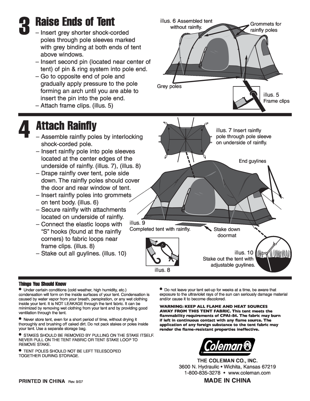 Coleman 16'x7 manual Raise Ends of Tent, Attach Rainfly, Made In China 