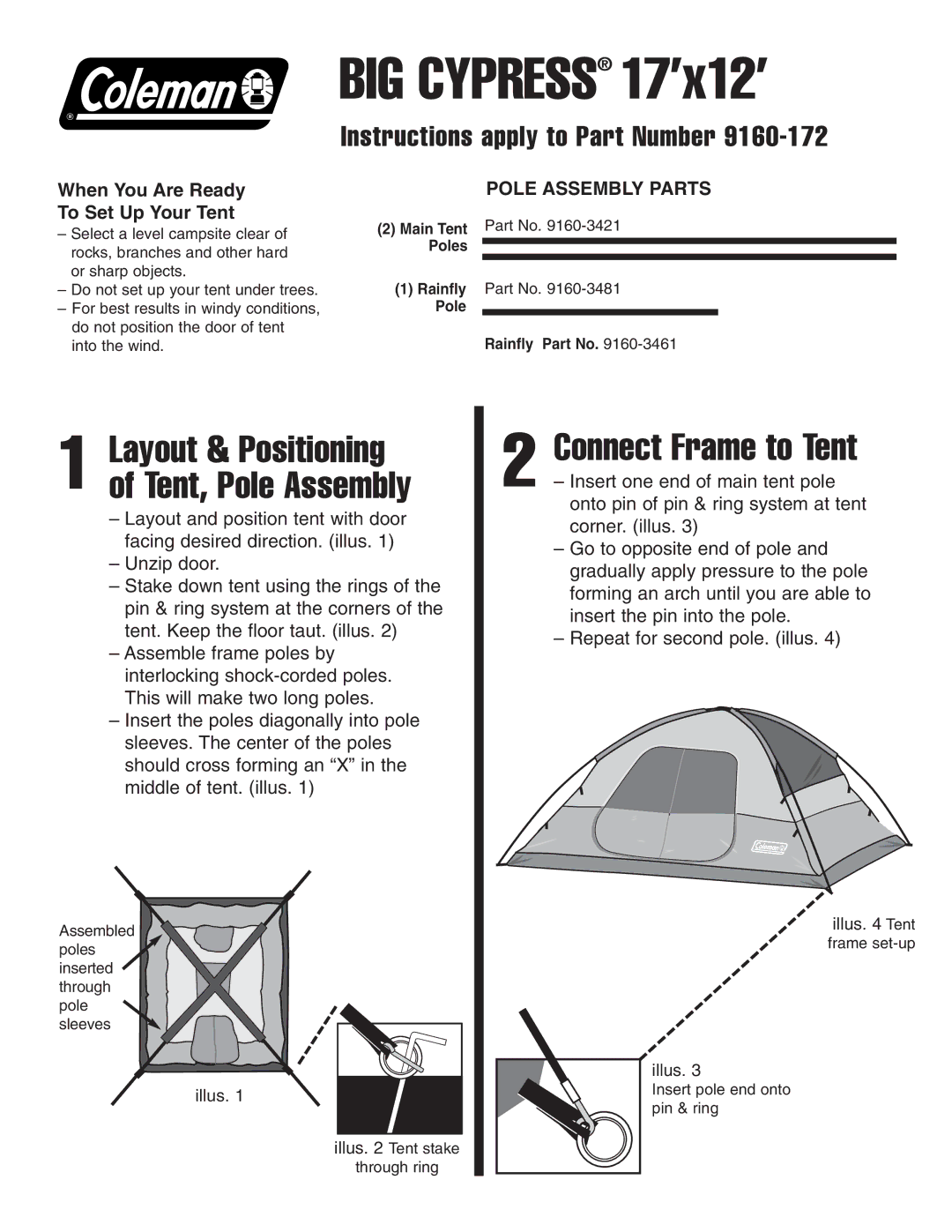 Coleman 17'x12 manual Connect Frame to Tent, Layout & Positioning of Tent, Pole Assembly 