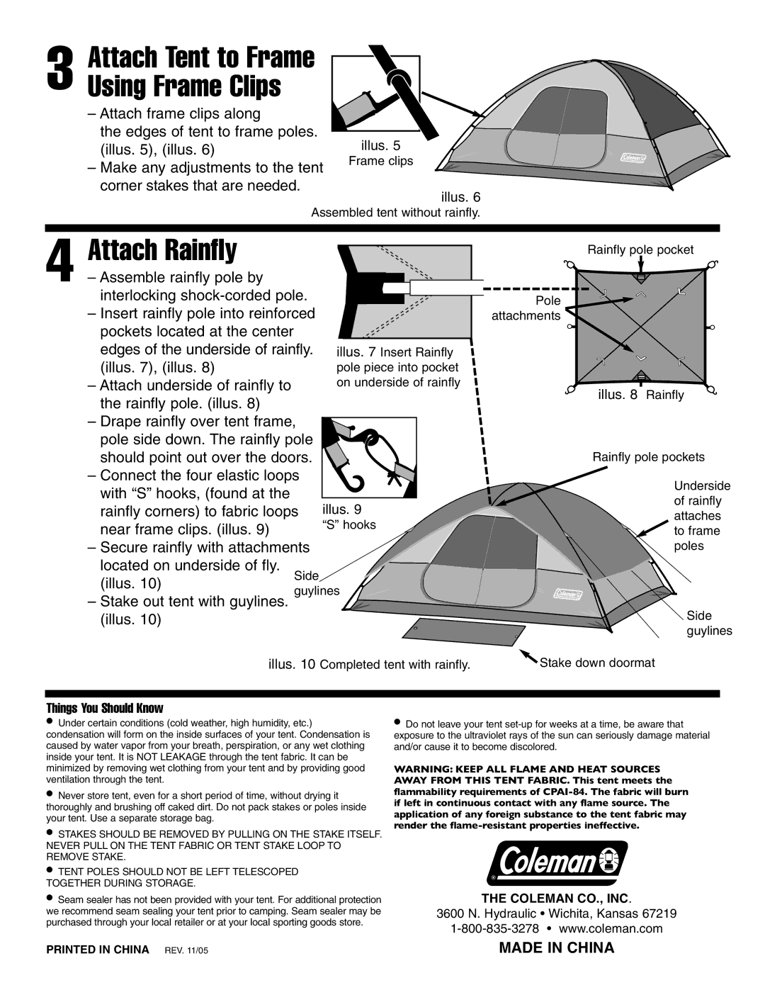 Coleman 17'x12 manual Attach Rainfly, Attach Tent to Frame Using Frame Clips 