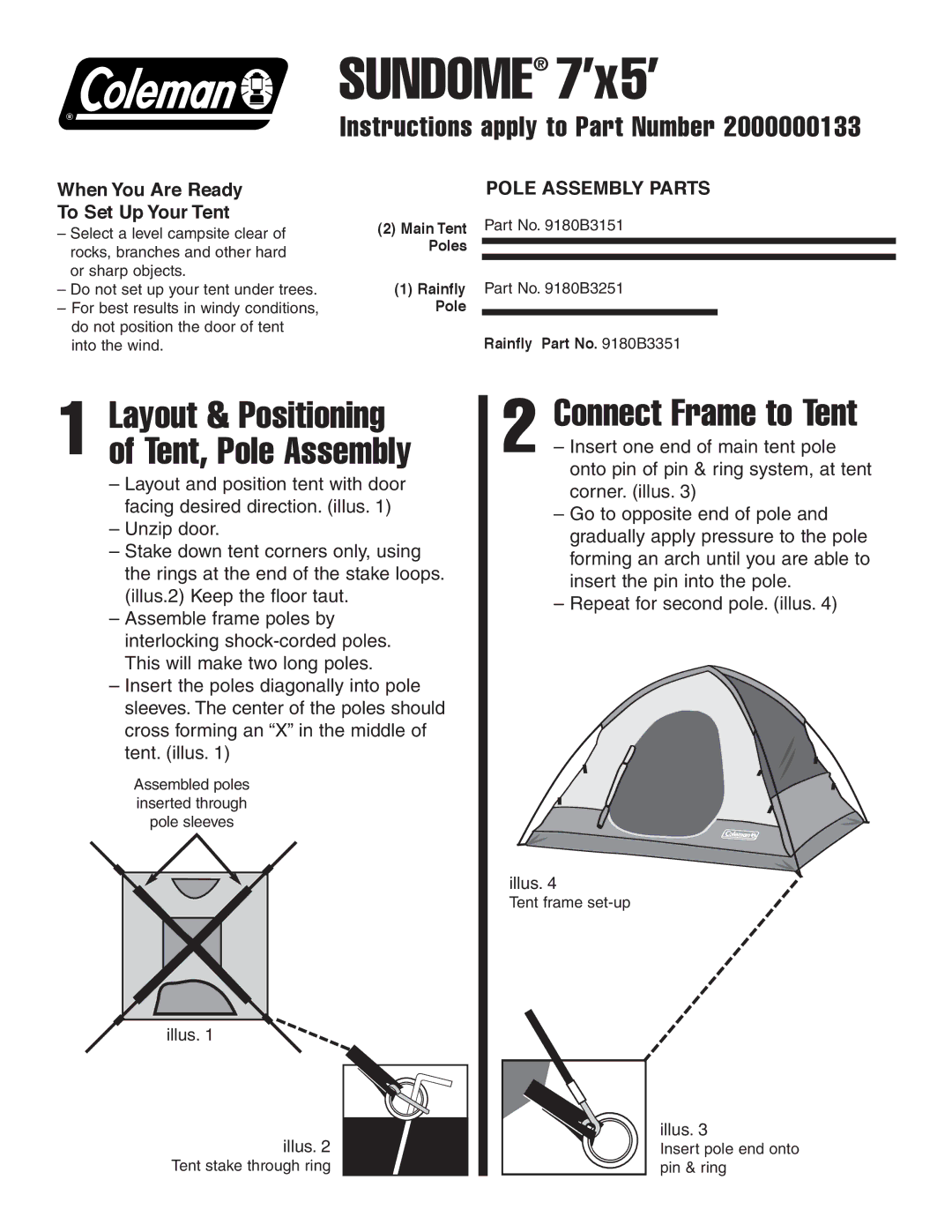 Coleman 2000000133 manual Sundome 7’x5’, Connect Frame to Tent, Layout & Positioning of Tent, Pole Assembly 