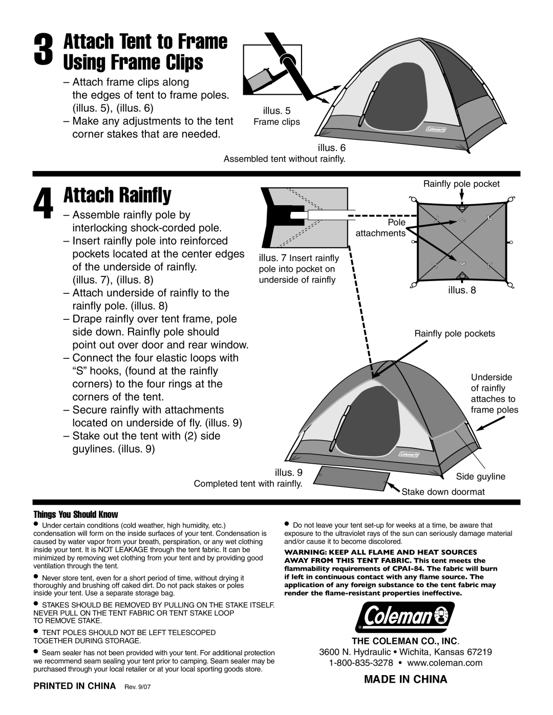 Coleman 2000000133 manual Attach Rainfly, Attach Tent to Frame Using Frame Clips, Things You Should Know 