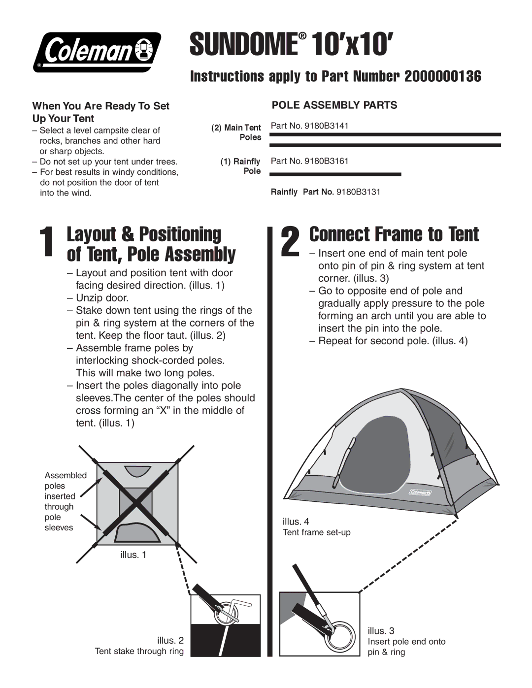 Coleman 2000000136 manual Sundome 10’x10’, Connect Frame to Tent, Layout & Positioning of Tent, Pole Assembly 