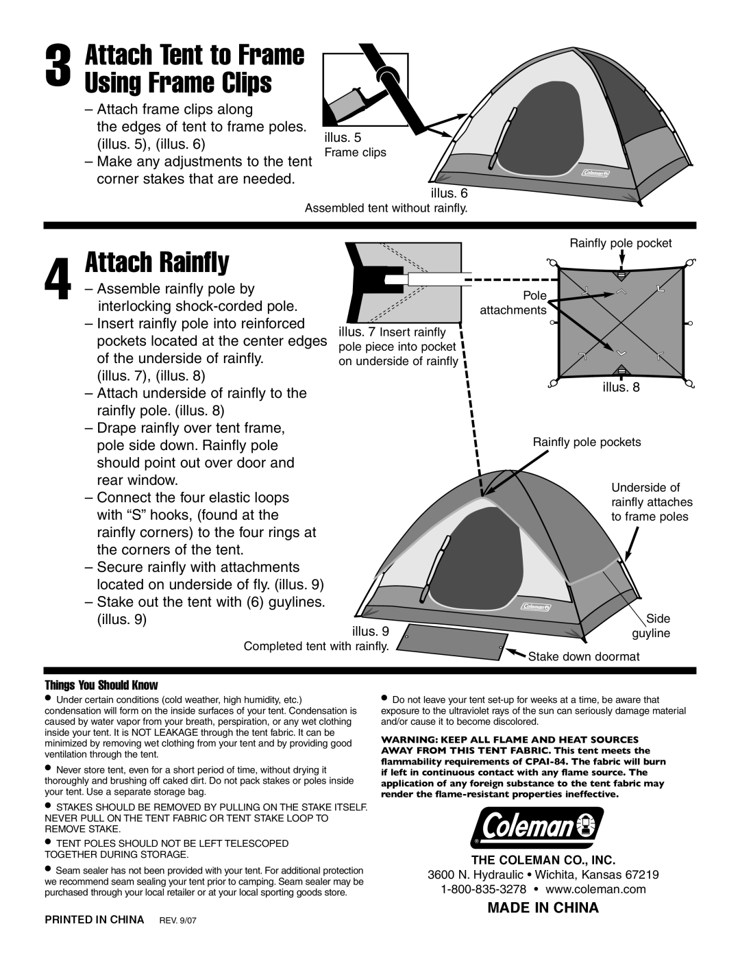 Coleman 2000000136 manual Attach Rainfly, Attach Tent to Frame Using Frame Clips, Things You Should Know 