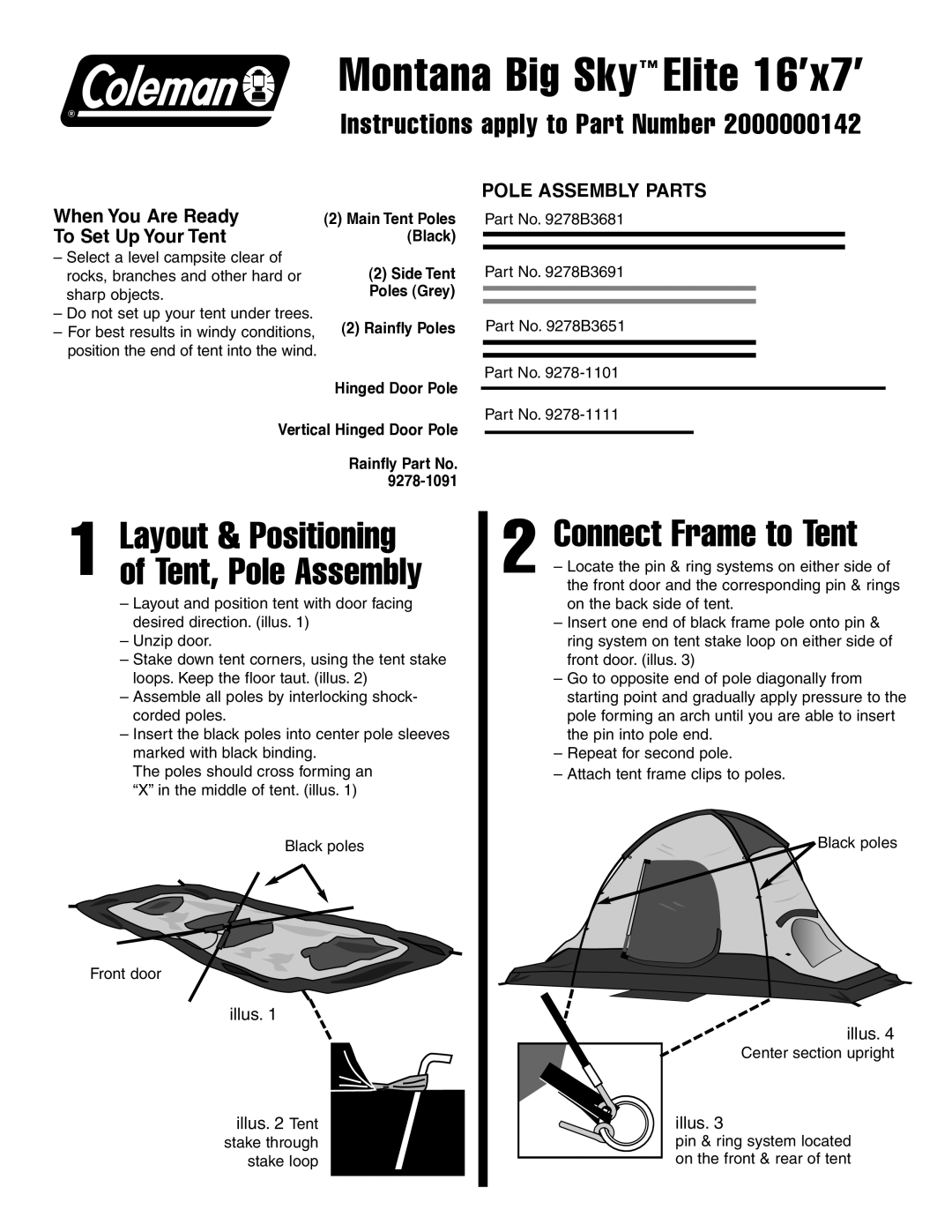 Coleman 2000000142 manual Montana Big Sky Elite 16’x7’, Connect Frame to Tent, Layout & Positioning of Tent, Pole Assembly 