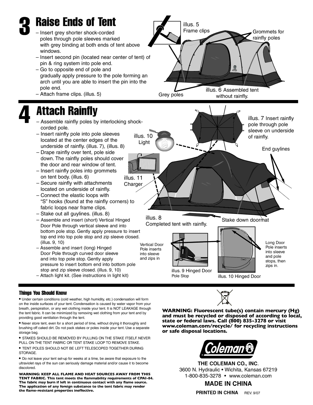 Coleman 2000000142 manual Raise Ends of Tent, Attach Rainfly, Made in China, Things You Should Know 