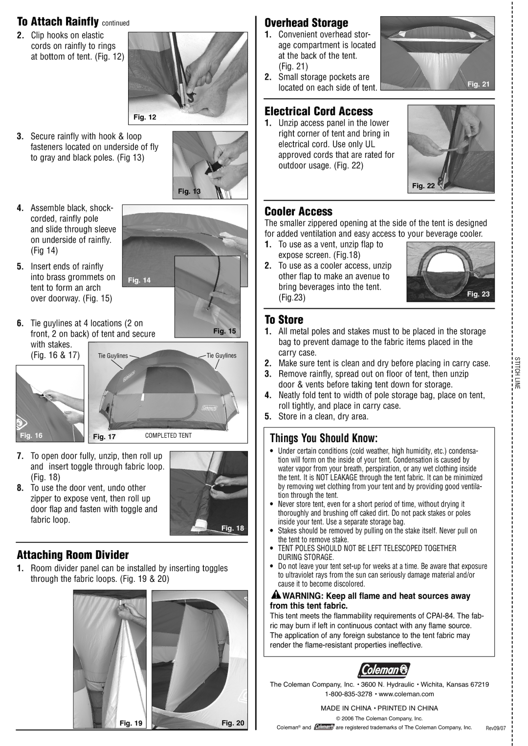 Coleman 2000000143 manual Attaching Room Divider, Overhead Storage, Electrical Cord Access, Cooler Access, To Store 