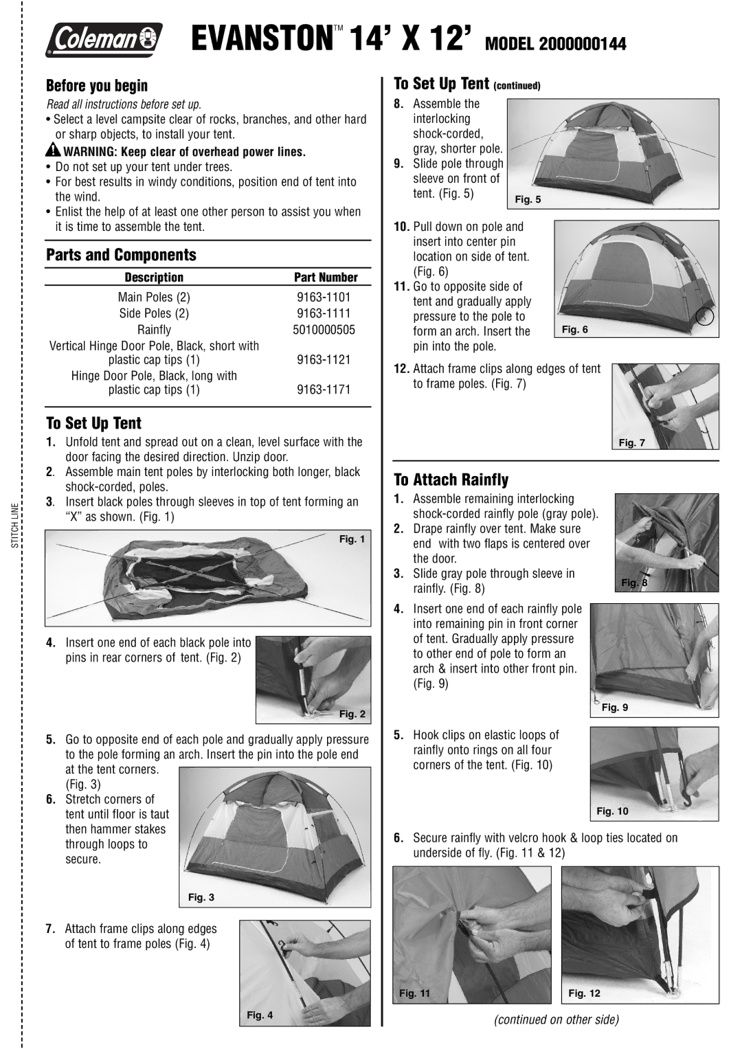 Coleman 2000000144 manual Before you begin, Parts and Components, To Set Up Tent, To Attach Rainfly 