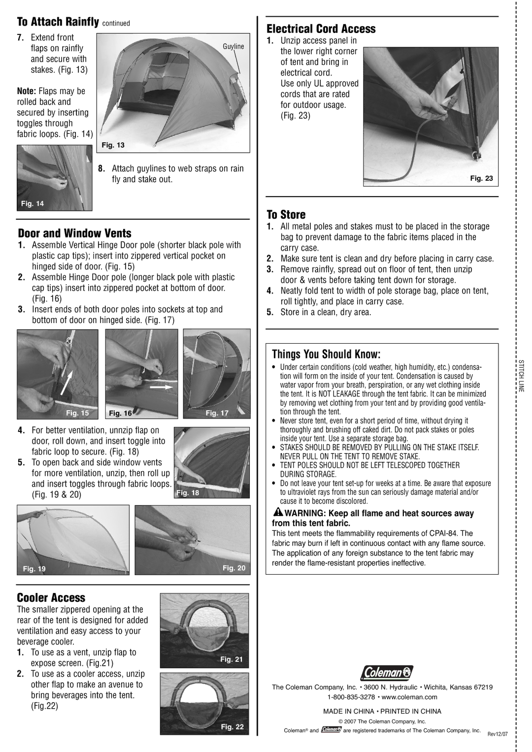 Coleman 2000000144 manual Door and Window Vents, Cooler Access, Electrical Cord Access, To Store, Things You Should Know 