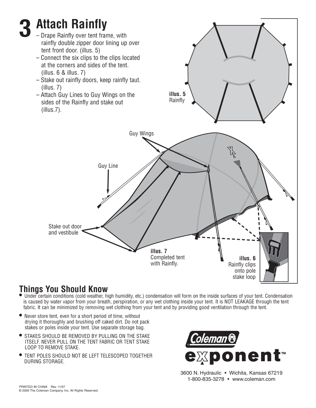 Coleman 2000000435 manual Attach Rainfly, Things You Should Know, Attach Guy Lines to Guy Wings on, Illus.7 