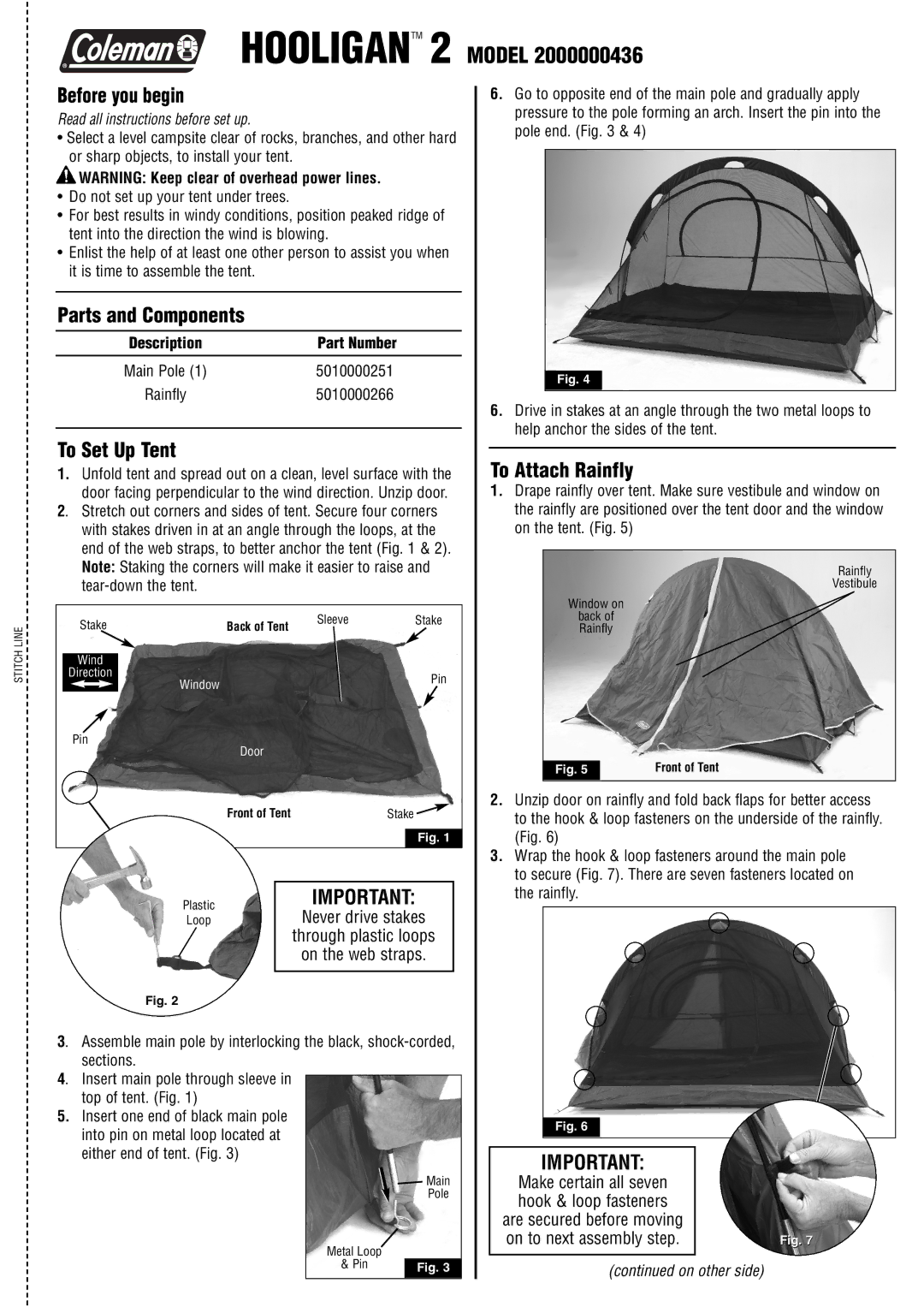 Coleman 2000000436 manual Hooligantm 2 Model, Before you begin, Parts and Components, To Set Up Tent, To Attach Rainfly 