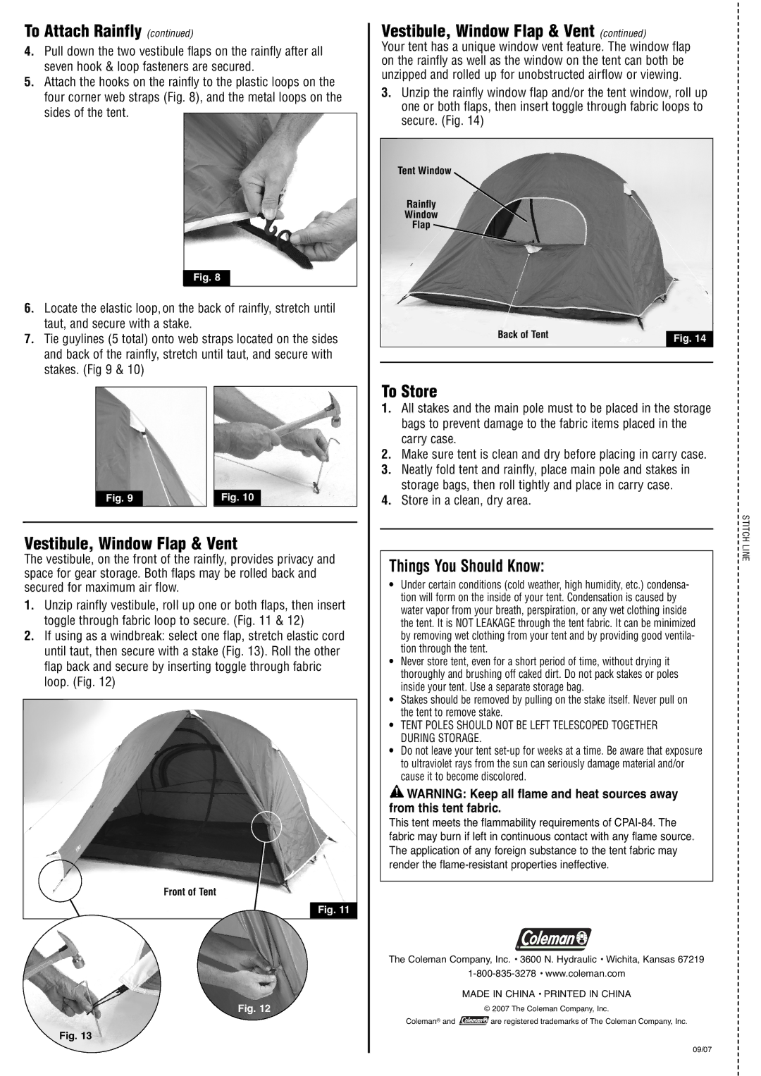 Coleman 2000000436 manual Vestibule, Window Flap & Vent, To Store, Things You Should Know 