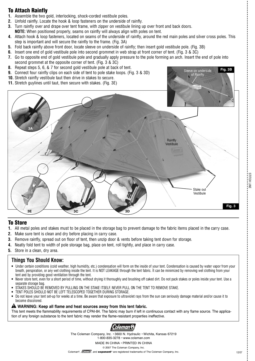 Coleman 2000000437 manual To Attach Rainfly, To Store, Things You Should Know 