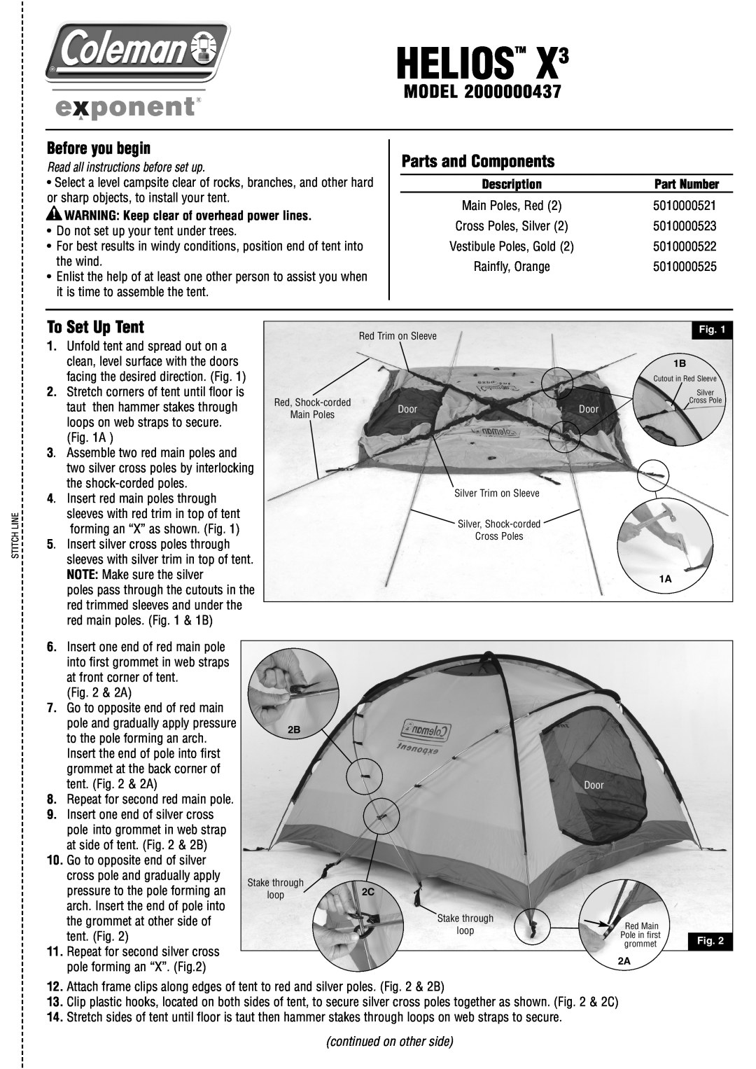 Coleman 2000000437 manual Before you begin, Parts and Components, To Set Up Tent, Part Number, Heliostm, Model 