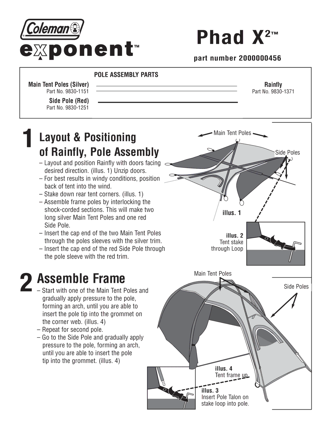 Coleman 2000000456 manual Phad X, Assemble Frame, Layout & Positioning, Rainfly, Pole Assembly 