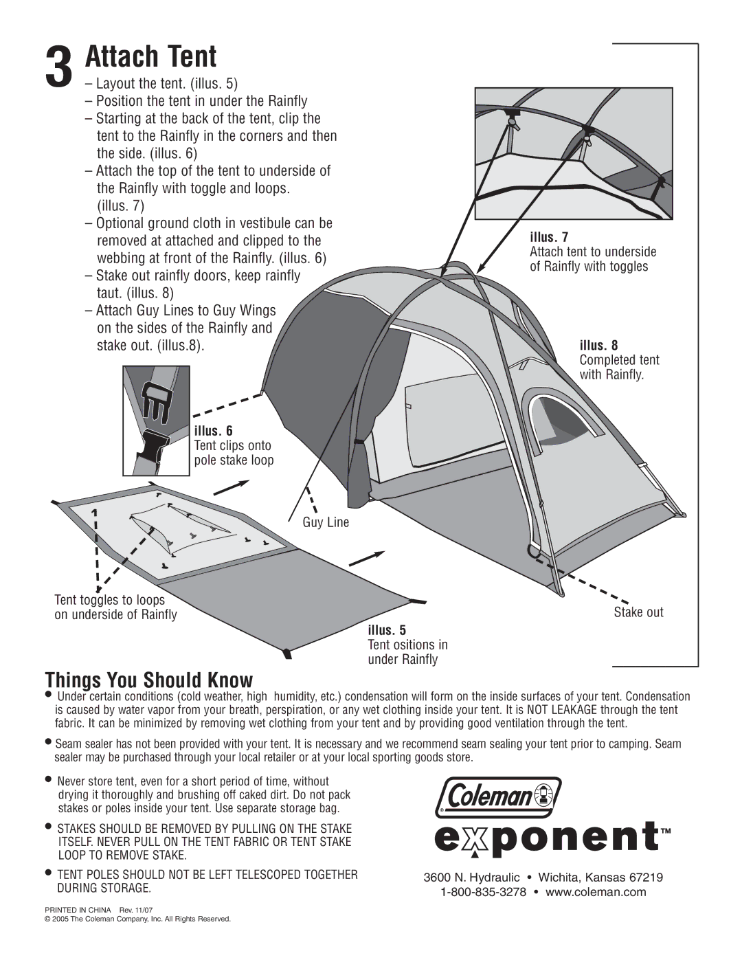 Coleman 2000000456 manual Attach Tent, Things You Should Know, Stake out rainfly doors, keep rainfly taut. illus 