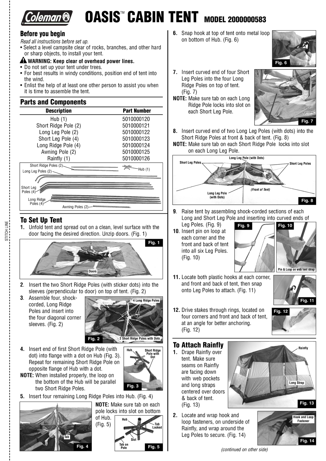 Coleman 2000000583 manual Before you begin, Parts and Components, To Set Up Tent, To Attach Rainfly 